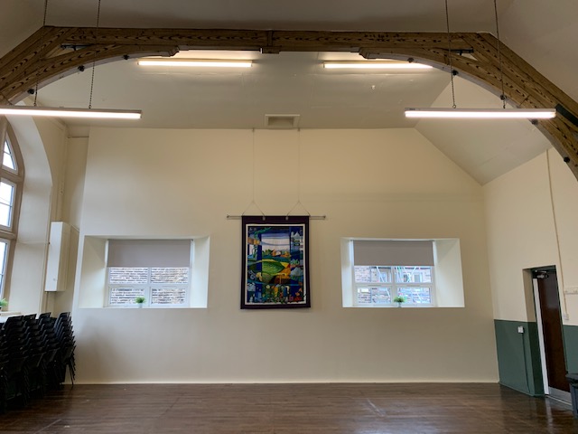 Lydgate Parish Hall, newly painted main hall with blinds